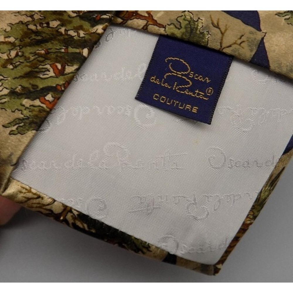 100% Silk Oscar de la Renta Tie Couture Tree Acorn Pinecone Print Hand Sewn USA - Picture 8 of 11
